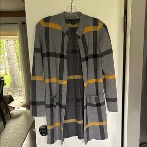 Tahari Gray and Yellow Checkered Cardigan